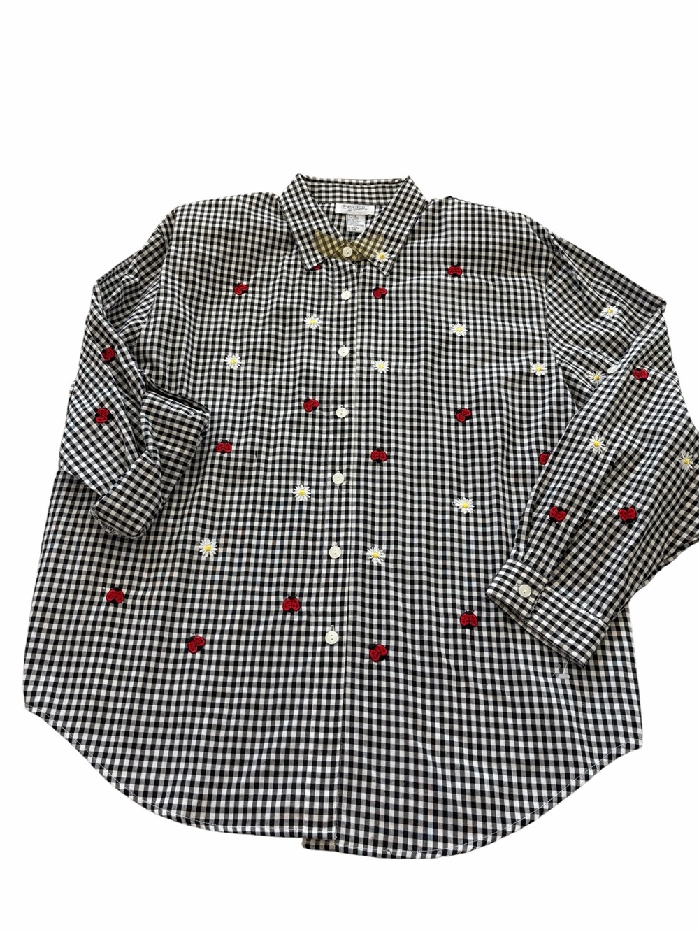 Vtg Teddi Sz XL Black White Cotton Embroidered Ladybugs Country Tunic Shirt Top - Picture 2 of 5
